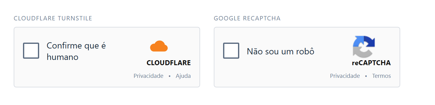 Widget do Cloudflare Turnstile e do Google reCAPTCHA lado a lado